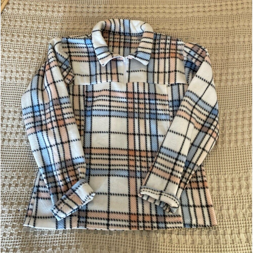Women Hand Sewn Jacket Shacket Plaid Blue‎ Pink Fleece 1/4 Zip Pullover Medium